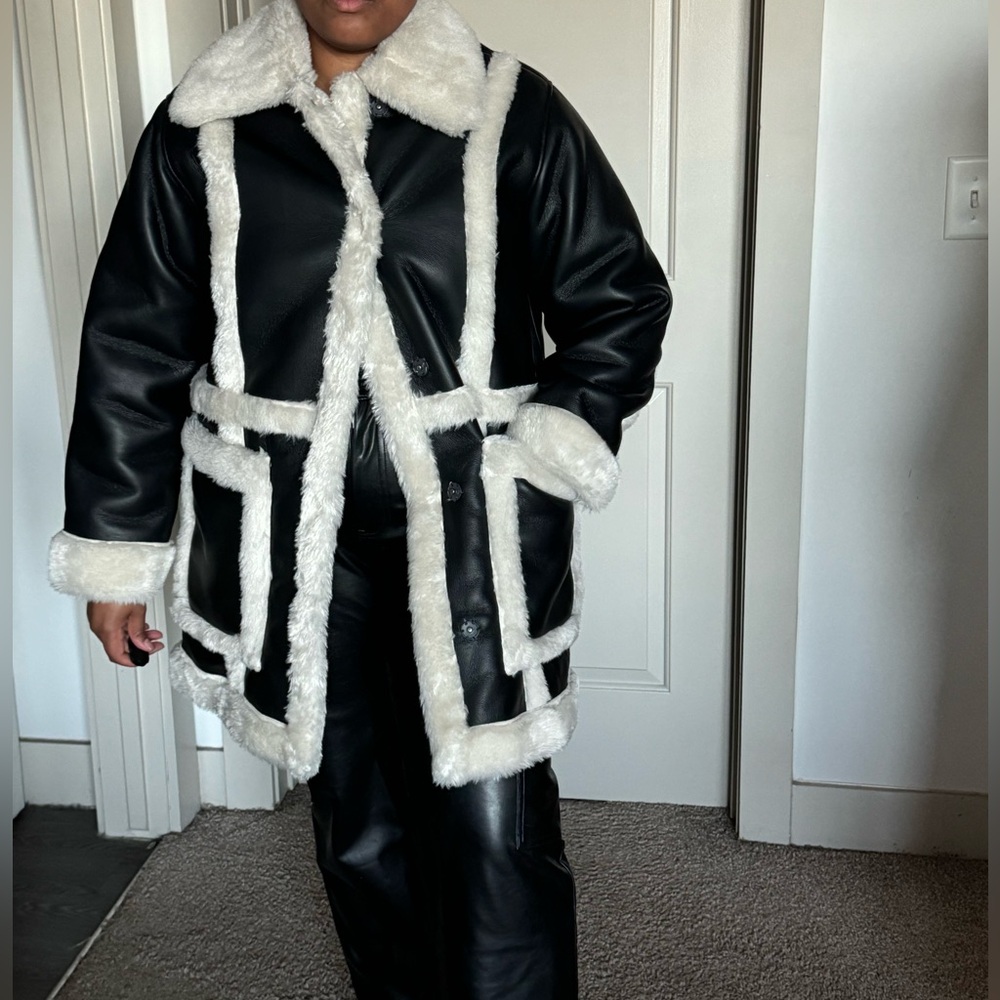 Fuax Leather Shearling Trim Jacket